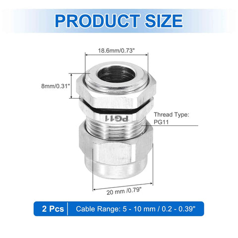 IP68 Waterproof and Heavy Duty PG11 Cable Gland, 5-10 mm range, stainless steel, 2 pack, product dimensions and size details