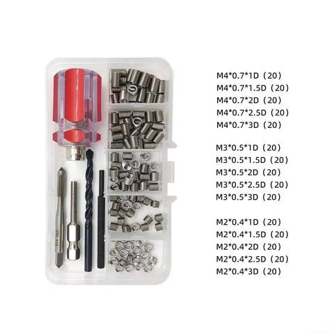 105 Piece Thread Repair Kit M2 To M6 With Premium 304 Stainless Steel Inserts For Stripped Threads, Quick Fixes For Home, Auto And Machinery Projects, One Complete Set. M2-M4 inserts in organizer with tap, drill and tool bits