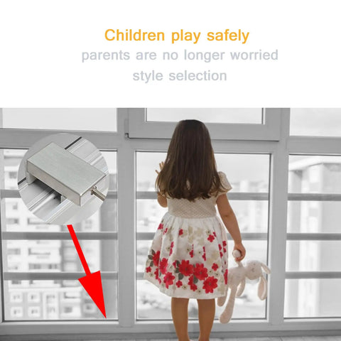Child standing by window secured with Heavy Duty Sliding Door Lock And Security Bar Kit White Aluminum Stopper