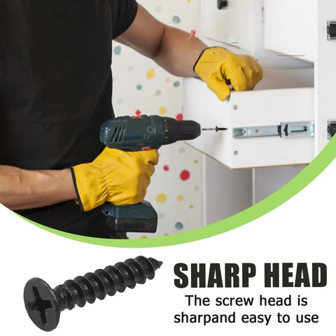 Premium Grade Six Gauge X One Inch Black Wood Screws 120 Piece Pack Carbon Steel Construction Rust Resistant fasteners in use with drill.