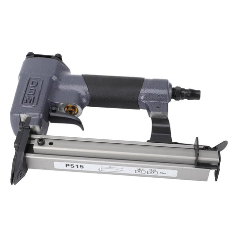 Quiet Pneumatic Brad Nailer For Woodworking And Framing With One Hundred Nail Capacity showing a close-up of its ergonomic handle and feed window.
