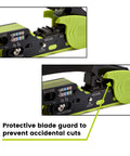 Close-up of All In One RJ45 Crimp Tool For Pass Through Connectors, Cut, Score, And Strip, protective blade guard feature