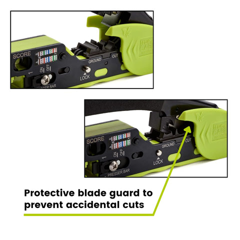 Close-up of All In One RJ45 Crimp Tool For Pass Through Connectors, Cut, Score, And Strip, protective blade guard feature