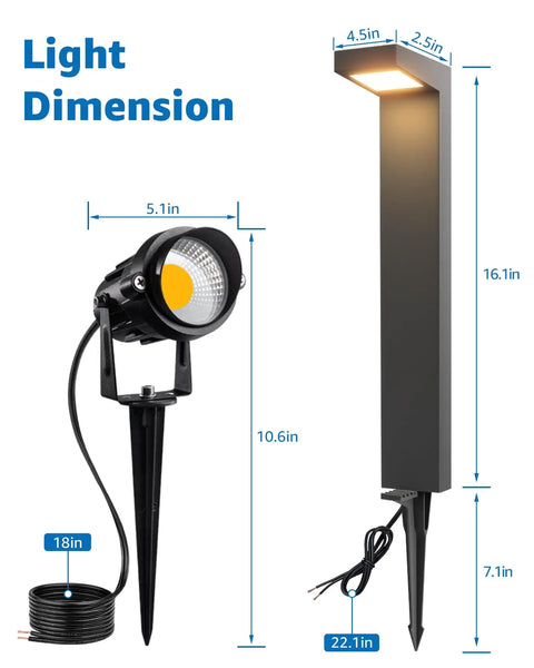 Low Voltage Landscape Lighting Kit dimensions for 1 path light and 1 spotlight, with stakes, shown separately.