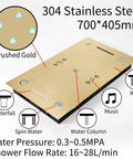 Premium Recessed Led Bluetooth Shower Combo With Heavy Duty Slide Rail 6 Way High Pressure Rainfall Tub Faucet Kit In Brushed Nickel Shower panel in brushed gold with music and rainfall features.