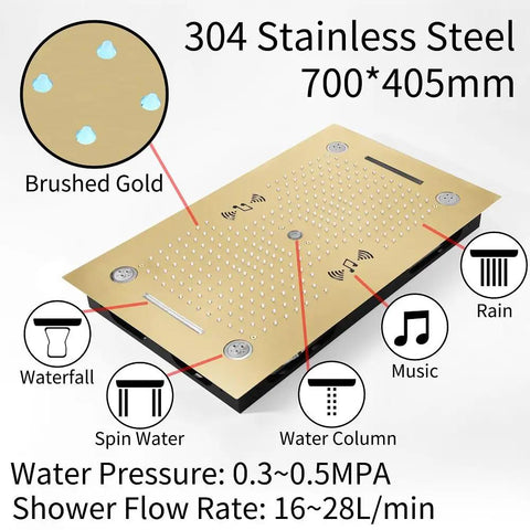 Premium Recessed Led Bluetooth Shower Combo With Heavy Duty Slide Rail 6 Way High Pressure Rainfall Tub Faucet Kit In Brushed Nickel Shower panel in brushed gold with music and rainfall features.