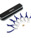 7 Piece Jewelry Pliers Set For Beading And Wire Wrapping Includes Needle Nose Pliers Round Nose Pliers Bent Nose Pliers And Wire Cutter Pro Grade Tool Kit with carrying pouch displayed on white background
