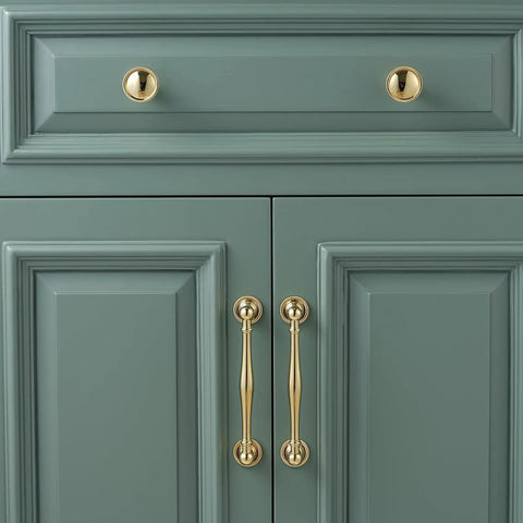 Premium Brass Cabinet Pull And Drawer Knob Set With Modern Grooved Base Design on green cabinet doors.