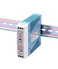 MDR-20-24 24VDC DIN Rail Power Supply 1A 20W mounted on TS-35 rail, front view