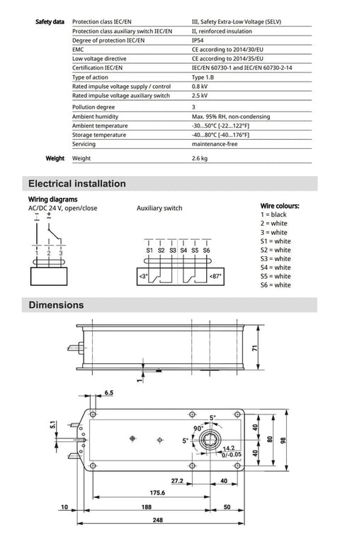 Technical drawing of Heavy Duty 90 Degree Damper Actuator 40 Nm Torque AC DC 24V with wiring diagrams and dimensions.