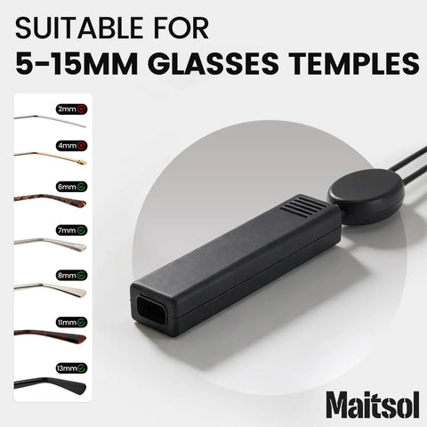 Close-up of no-tail sunglasses strap showcasing compatibility with 5-15mm glass temples. Part of 3 Pack Adjustable Eyeglasses Straps For Men Women And Kids No Tail Sunglasses Strap Eye Glasses Holder Around The Neck Sports 14 Inch With Microfiber Cleaning Cloth And Anti Fog Wipes For All Day Comfort And Secure Fit.
