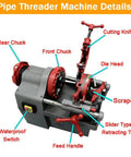 Heavy Duty Electric Pipe Threader And Cutter Machine 1/2 To 2 Inch NPT With Self Oil System 750W detailed view highlighting components.