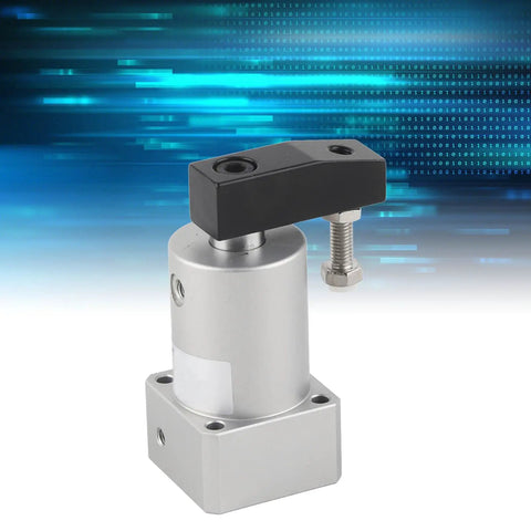 Rotary Air Pneumatic Cylinder With 90 Degree Angle For Compound Action, shown in front view, silver and black design.