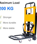 Powerful Electric Stair Climbing Dolly With Adjustable Speeds And Strong 440 Pound Max Load Capacity, Motorized Hand Truck For Heavy Moving And Logistics, 6 Wheel Track System shown with maximum load of 200 KG.