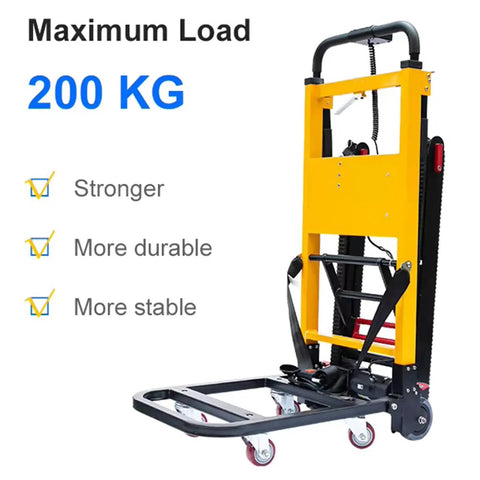 Powerful Electric Stair Climbing Dolly With Adjustable Speeds And Strong 440 Pound Max Load Capacity, Motorized Hand Truck For Heavy Moving And Logistics, 6 Wheel Track System shown with maximum load of 200 KG.