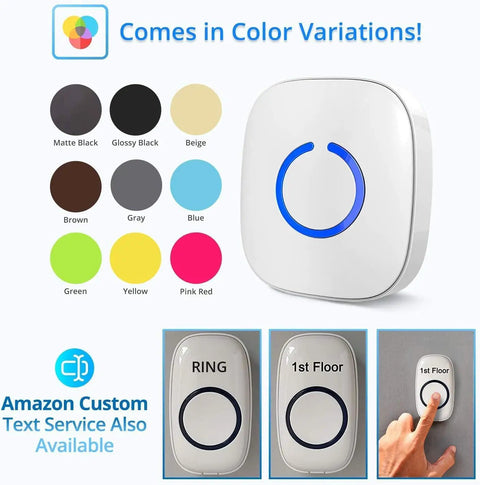 Long Range Wireless Doorbell Kit With 52 Chimes And 1000 Foot Range in color options, showing buttons and installation demo.