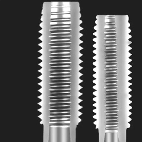 Heavy Duty Manual Tap And Die Set With T Handle Wrench For Creating Standard Threads, Alloy Steel Construction Offers Nonslip Grip And Durability For Tough Jobs. close-up of two alloy steel taps