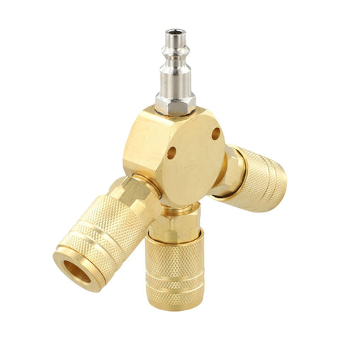 Three Way Brass Pneumatic Manifold With Quick Connect Brass Couplers For Seamless Air Lines In The Shop Or Garage Heavy Duty