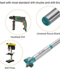 Pro Level Six Piece Forstner Drill Bit Set Equipped With Sharp Carbide Tips For Dead Center Woodcuts On Any Project Includes Six Standard Round Shank Measurements From Fifteen To Forty Millimeters, 15mm bit shown with drill press and handheld drill.