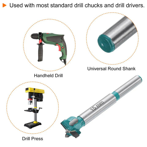 Pro Level Six Piece Forstner Drill Bit Set Equipped With Sharp Carbide Tips For Dead Center Woodcuts On Any Project Includes Six Standard Round Shank Measurements From Fifteen To Forty Millimeters, 15mm bit shown with drill press and handheld drill.