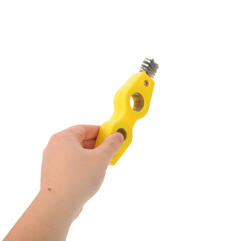 Hand holding Double Ended Pipe Cleaner Brush For Automotive Parts And Copper Pipes Heavy Duty Abrasion Resistant Tool With Multi Diameter Adaptability For Plumbing Installation Plastic And Alloy Lines Battery Terminal Cleaner And Car Maintenance Must Have, yellow 192mm