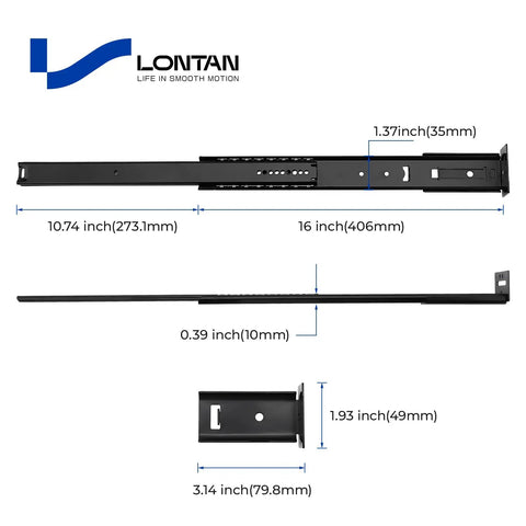 Heavy Duty 5 Pack 16 Inch Black Center Mount Drawer Slides For Cabinets showing dimensions and design details.