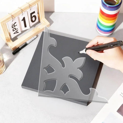 Ornate Corner Router Template Set Two Piece Acrylic Inlay Jig Kit With Precision Tracing Stencil Guide on black surface.
