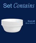 Set of six Straight Up Chip Resistant Round Soup Bowls lightweight glass dinnerware in white finish, 18 oz capacity.