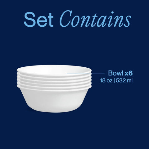 Set of six Straight Up Chip Resistant Round Soup Bowls lightweight glass dinnerware in white finish, 18 oz capacity.