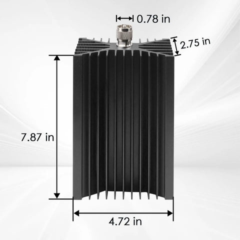 Beefy 200W PL259 UHF Ham Radio Dummy Load, 50 Ohm RF Load for DC to 520MHz, showing dimensions and cooling fins.