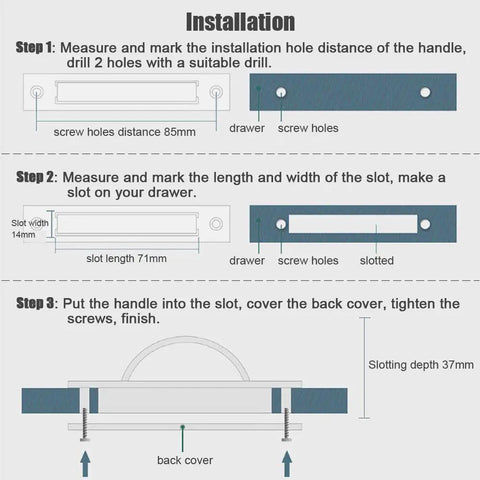Installation instructions for Fresh 2 Pack Invisible Cabinet Handles With A Smooth 180 Rotation Slick Zinc Alloy Frame.