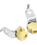 Two brass 3-way brake line tee connectors for 3/16 in tubing with inverted flare fittings and mounting brackets