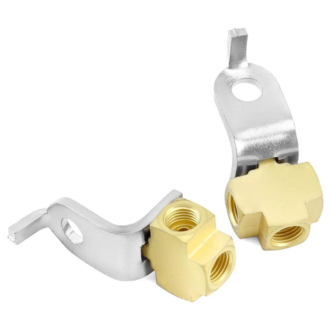 Two brass 3-way brake line tee connectors for 3/16 in tubing with inverted flare fittings and mounting brackets