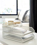 White Six Piece Interlocking Desk Organizer Set with pen cup and trays on office desk