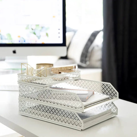 White Six Piece Interlocking Desk Organizer Set with pen cup and trays on office desk