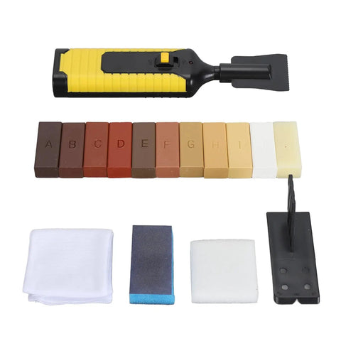 DIY Floor Repair Wax Kit For Hardwood Floors Laminate And Wood Furniture With 11 Color Wood Filler Sticks shown with tools and accessories.