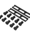 Dead Nuts Heavy Duty Aluminum Woodworking Planing Stop Set For Mft Workbench milling clamps in black with ten planing stops and two rails.