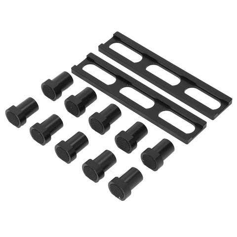 Dead Nuts Heavy Duty Aluminum Woodworking Planing Stop Set For Mft Workbench milling clamps in black with ten planing stops and two rails.