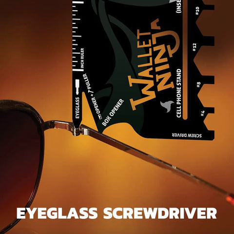 Close-up of 18 In 1 Credit Card Sized Multi Tool For Everyday Carry EDC Survival Gear being used as an eyeglass screwdriver