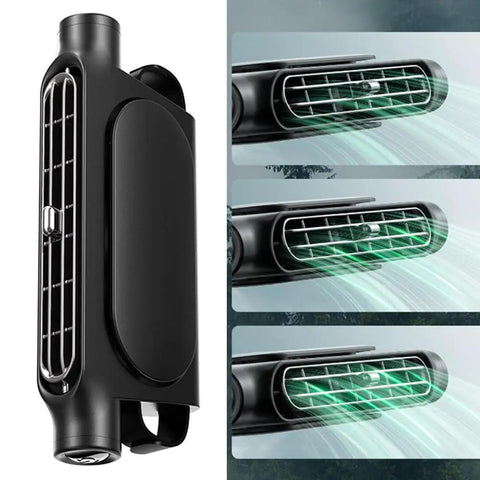 Portable Car Headrest Cooling Fan With 3 Speed USB Power Rear Seat Air Blower, black ABS design with adjustable vent flow.