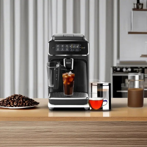 Straight Fire Fully Automatic Espresso Machine With LatteGo Milk Frother And Quick Rinse Brew Assembly For Lowkey Silky Drinks and Chill Daily Grind In Sleek Black, on a countertop with coffee beans and drinks.