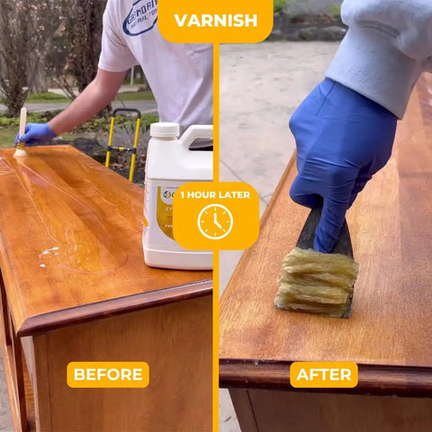 Heavy Duty Paint Varnish Remover Gel Strips Epoxy And Wood Stains From Furniture And Decks Fast With A No Sweat Soy Based Formula That Does The Heavy Lifting Without Harmful Fumes Left Behind Now, before and after application on wood.