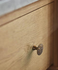 Six Pack Antique Brass Cabinet Knobs Featuring Intricate Vintage Mandala Design Ideal For Dressers Cabinets And Drawers Great For Restoring Antique Furniture And Creating Classic Farmhouse Style on wooden drawer