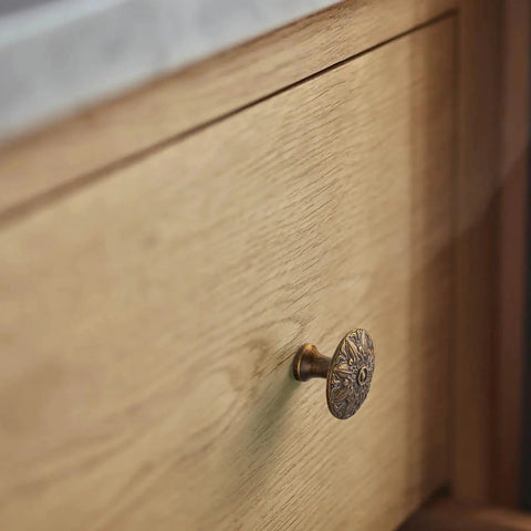 Six Pack Antique Brass Cabinet Knobs Featuring Intricate Vintage Mandala Design Ideal For Dressers Cabinets And Drawers Great For Restoring Antique Furniture And Creating Classic Farmhouse Style on wooden drawer