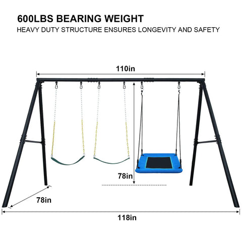 Heavy Duty Swing Set With 600Lb Capacity For Backyard Fun, A Frame Metal Swing Set With 1 Platform Swing And 2 Belt Swings.