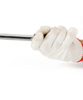 Gloved hand using Ratchet Knockout Punch Set With 6 Dies From Half Inch To Two Inch For Electrical Conduit Heavy Duty Hole Cutter.