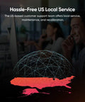 Customer support personnel with headset offering US local service, map overlay in red depicting service area.