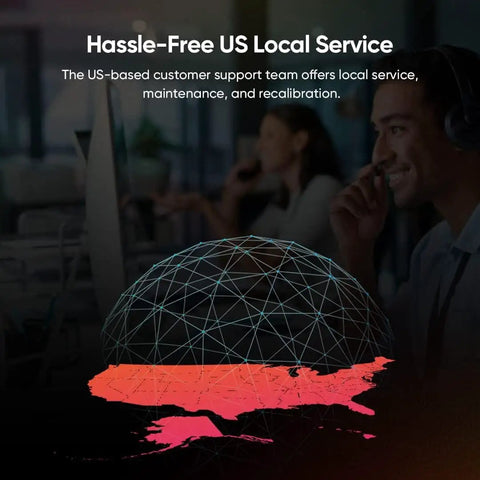 Customer support personnel with headset offering US local service, map overlay in red depicting service area.