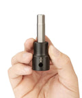 Hand holding Badass 1/2 Inch Drive X 3/8 Inch Hex Impact Bit Socket Made From Tough S2 Steel, designed for tough jobs.