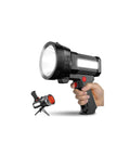 Hand holding Rechargeable 100000 Lumen Spotlight With COB Flood Light, 10000mAh Battery And Built-In Power Bank, shown with red lens attachment